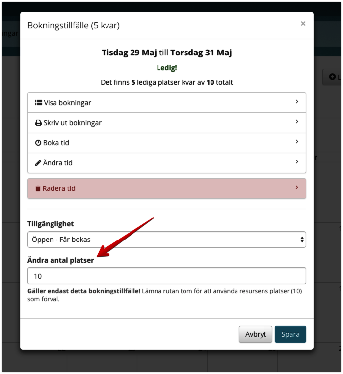 Ändra antal platser per bokningstillfälle